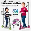 Two children are shown with scooters, with text and graphics highlighting product features. Produktbild-Vorschau