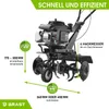A close-up marketing image of a garden tiller with dimensions and feature callouts. Produktbild-Vorschau