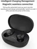 An open black charging case with two black wireless earbuds inside, set against a white background. Text describing features is present above the product. Produktbild-Vorschau