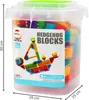 A clear, well-lit product shot of a bucket of colorful building blocks, with dimensions indicated. Voir les images du produit