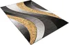 A modern rug with abstract wavy patterns in gray, black, gold, and white. Anteprima dell’immagine prodotto