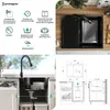 A collage of images showing a black kitchen sink, its features, and installation diagrams. Produktbild-Vorschau