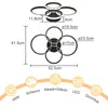 Diagrams showing the dimensions of a modern black ceiling lamp with multiple rings, along with icons and text describing its features. Náhľad obrázku produktu
