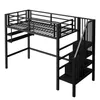 A black metal loft bed with stairs and shelves, shown against a white background. Produktbild-Vorschau