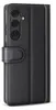 A black leather flip case for a smartphone is shown from the side. Produktbild-Vorschau