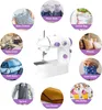 A collage of a white sewing machine surrounded by circular images showcasing various items that can be made with it, such as baby clothes, plush dolls, canvas bags, table cloths, soft jeans, pillows, cloth masks, aprons, pet clothes, and coin purses. Produktbild-Vorschau