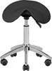 A black saddle stool with a chrome base and wheels, shown from a front-side angle against a white background. Náhled obrázku produktu