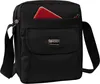 A black messenger bag with a red item peeking out of a front pocket. Produktbild-Vorschau