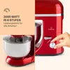 A split image showing a red kitchen mixer on the right and a close-up of its bowl on the left. Text describing its features is on the left side. Produktbild-Vorschau