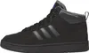 Side view of a black Adidas mid-top sneaker with gray stripes and a gray fuzzy lining. Podgląd zdjęcia produktu