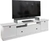 A white TV stand with a television on top. Produktbild-Vorschau