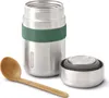 A stainless steel food flask with a green band and a wooden spoon, along with its lid, are displayed against a white background. Náhled obrázku produktu