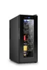 A black thermoelectric wine cooler with a glass door, showing multiple wine bottles inside, against a white background. Voir les images du produit