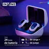 A pair of white and blue wireless earbuds in a charging case, with blue and purple lighting. Produktbild-Vorschau