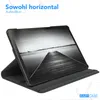 A black tablet case is shown with a tablet inside, displaying a black and white image of a pier. The tablet is propped up by the case. Produktbild-Vorschau