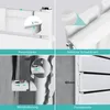 A collage of four close-up images showing details of a white radiator, including its panel thickness, seamless weld, wall mounting, and panel width. Produktbild-Vorschau