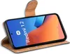 A smartphone in a brown flip case, displayed at an angle on a white background. Produktbild-Vorschau
