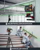 The image shows a laser leveling device in two different usage scenarios: one mounted on a wall in a construction setting and another on a tripod on stairs, with people using it. Anteprima dell’immagine prodotto