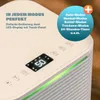 Close-up of the top panel of a white dehumidifier, showing the LED display and control buttons, with marketing text overlays. Produktbild-Vorschau