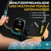 Close-up of a person's hands on the handlebars of a stationary bike, with a digital display and feature callouts. Produktbild-Vorschau
