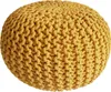 A close-up, studio shot of a yellow knitted pouf on a white background. Produktbild-Vorschau