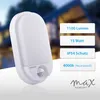 A white LED outdoor light with a motion sensor is shown in the foreground, with a blurred house in the background. Text overlays describe the product's features. Produktbild-Vorschau