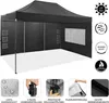 A black pop-up tent with windows, shown from a slightly elevated front-side angle, with several feature callouts at the bottom and right side. Voir les images du produit