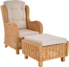 A wicker armchair with a matching ottoman, both with beige cushions, presented against a white background.