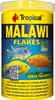A product shot of a yellow and blue cylindrical container of Tropical Malawi Flakes fish food. Podgląd zdjęcia produktu