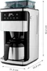 A silver Medion coffee maker with a thermal carafe and a bean hopper on top, shown with dimensions indicated. Produktbild-Vorschau