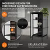A black metal display cabinet with glass doors and shelves, showcasing interior dimensions and features. Náhľad obrázku produktu