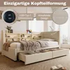 A bed with storage drawers and a bookshelf headboard, featuring USB charging ports and a tufted design. Produktbild-Vorschau
