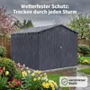 A dark gray garden shed is shown in the rain, with flowers in the foreground. Produktbild-Vorschau