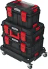 A stack of three black and red toolboxes on a black wheeled dolly. Náhled obrázku produktu