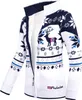 A white and navy knitted jacket with a reindeer and snowflake pattern, lined with white teddy fleece. Produktbild-Vorschau