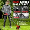 A man is using a cordless grass trimmer in a garden, with inset images highlighting its features and comparing it to traditional trimmers. Produktbild-Vorschau