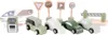 A collection of wooden toy vehicles and traffic signs arranged on a white background. Produktbild-Vorschau