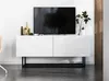 A modern white TV stand with a black metal base and a television on top. Produktbild-Vorschau