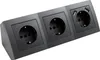 A black power strip with three outlets and two USB ports, shown from a diagonal angle against a white background. Produktbild-Vorschau