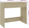 A light brown wooden desk with two drawers and a shelf underneath, shown against a white background with dimensions indicated by text. Podgląd zdjęcia produktu
