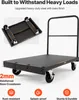 A product image of a black platform cart with text overlays highlighting its features and durability. Anteprima dell’immagine prodotto
