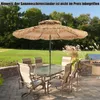 An outdoor patio scene with a table, chairs, and a thatched umbrella. Voir les images du produit