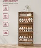 A vintage-style shoe cabinet filled with shoes, with icons and text describing its features on the left. Produktbild-Vorschau