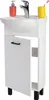 A white bathroom vanity with a sink and faucet, a soap dispenser, and a toothbrush holder. Podgląd zdjęcia produktu