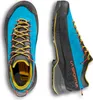 Zustiegsschuhe "TX4 Evo GTX" von La Sportiva in Blau mit gelben und roten Schnürsenkeln; seitliche und obere Ansicht. Podgląd zdjęcia produktu