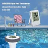 A wireless digital pool thermometer floating in a pool with a lounge chair and drinks on the side. Produktbild-Vorschau