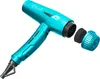 A teal hair dryer with its detachable filter and diffuser attachments shown separately. Produktbild-Vorschau