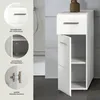 A white bathroom cabinet shown from the front, with inset circular diagrams highlighting its features. Produktbild-Vorschau