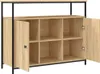 A wooden sideboard with black metal legs and frame, shown with two doors open. Náhľad obrázku produktu
