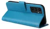 A blue flip case for a smartphone is shown open, displaying the phone's camera module. Produktbild-Vorschau